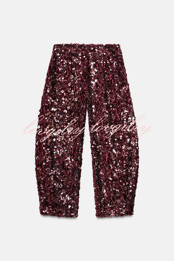 Gala Goddess Sequin High Rise Zipper Waist Wide Leg Pants