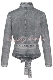 Casual Meetup Denim Stand Neck Long Sleeve Belted Loose Jacket