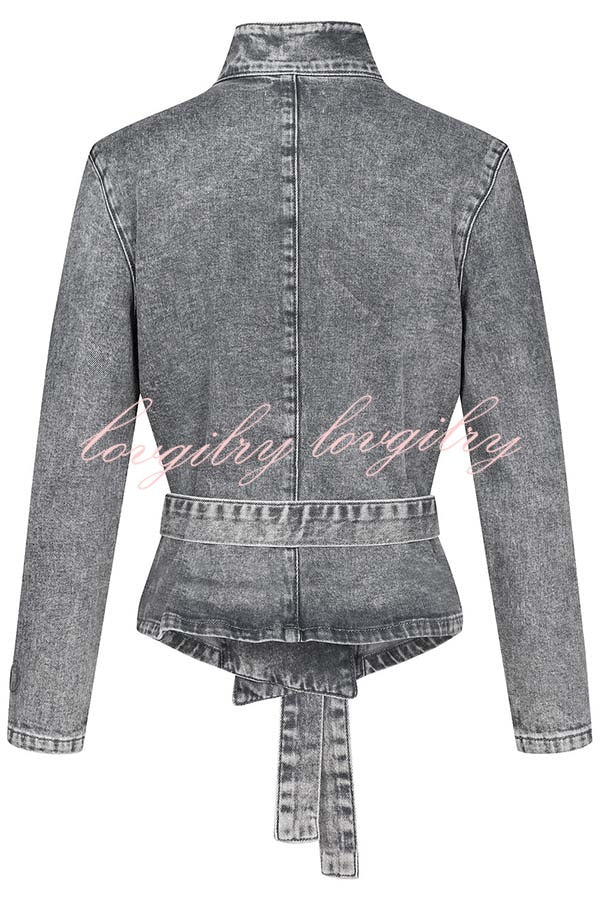 Casual Meetup Denim Stand Neck Long Sleeve Belted Loose Jacket