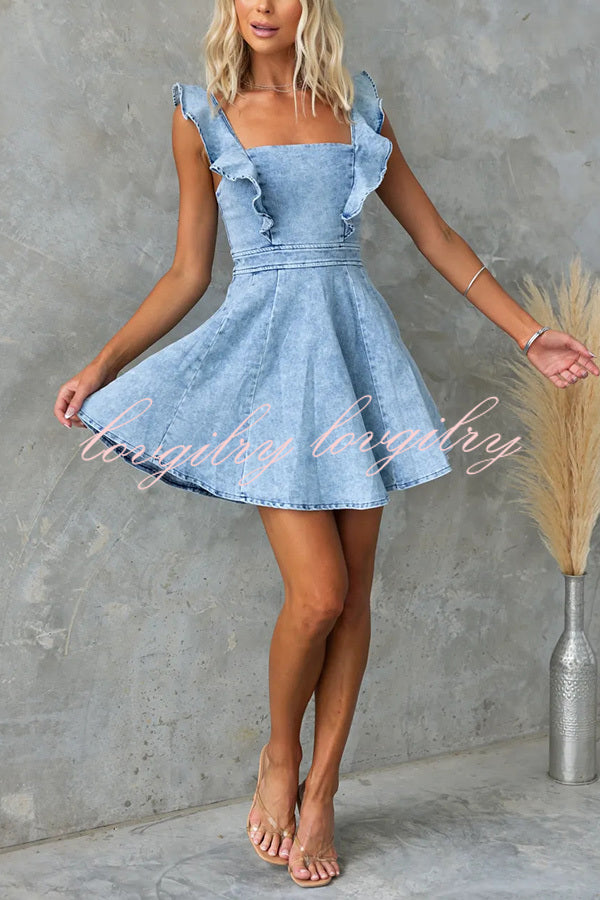 Sweet Secret Denim Square Neck Ruffle Sleeve Stretch Mini Dress