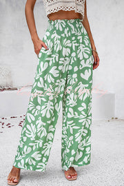 Uniquely Printed Ruffled Elastic Waist Pocket Pleated Wide Leg Pants