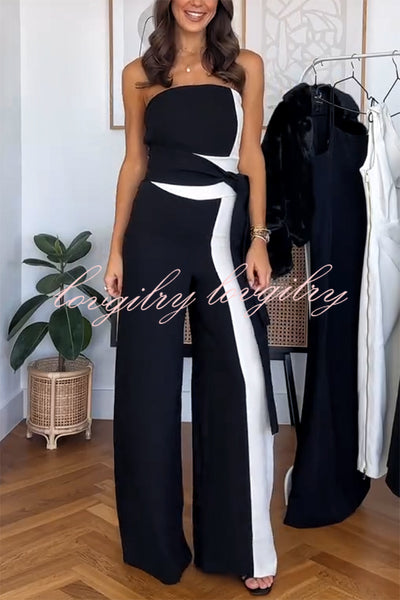 Fashionable for Formal Color Block Tie-up Bandeau Wide Leg Jumpsuit