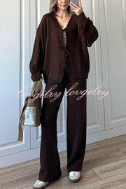 Solid Color V-neck Tie Long-sleeved Loose Knit Cardigan and Elastic Waist Casual Straight Leg Pants Set