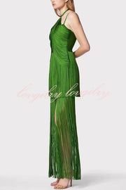 Sexy Halterneck Open Back Elegant Tassel Slim Maxi Dress