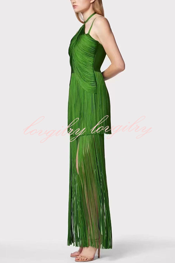 Sexy Halterneck Open Back Elegant Tassel Slim Maxi Dress