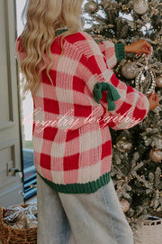 Holiday Cozy Checkered Knit Color-blocked Plaid Bow Long-sleeved Cardigan