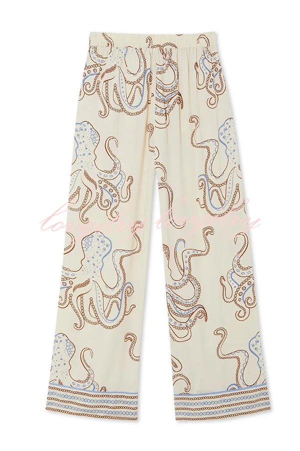 Calm Seas Line Octopus Unique Print Loose Shirt and Elastic Waist Pocketed Pajama Set