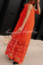 Breezy Comfort Tie-up Neck Sleeveless Floral Lace Hem Maxi Dress