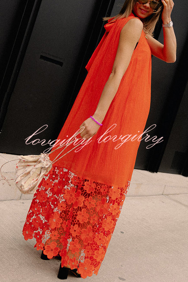 Breezy Comfort Tie-up Neck Sleeveless Floral Lace Hem Maxi Dress