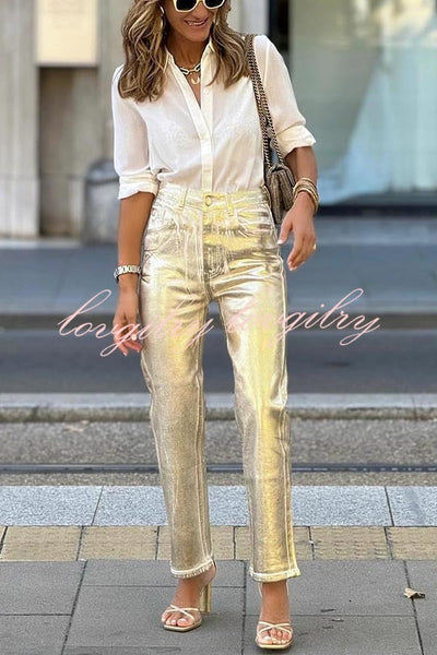 Infinite Ideas Retro Metallic Fabric High Waist Pocketed Straight Pants