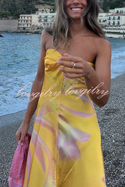 Catalina Island Satin Floral Print Twist Bust Halter Maxi Dress