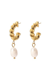 18K Twisted Hoop Fresh Water Pearl Drop Earrings