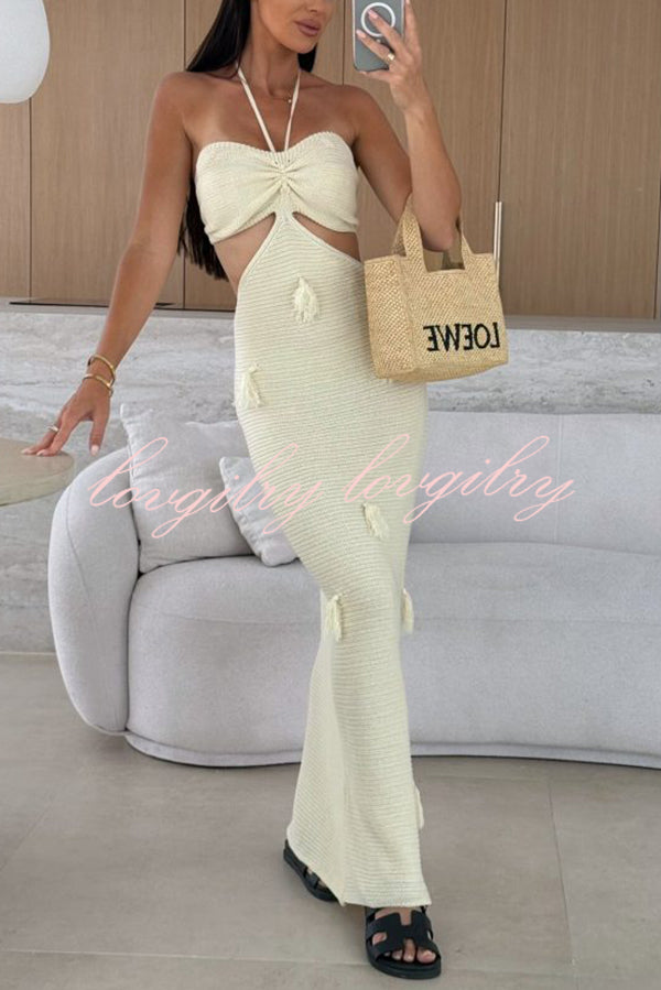 Fashion Halterneck Waist-baring Tassel-embellished Knitted Maxi Dress