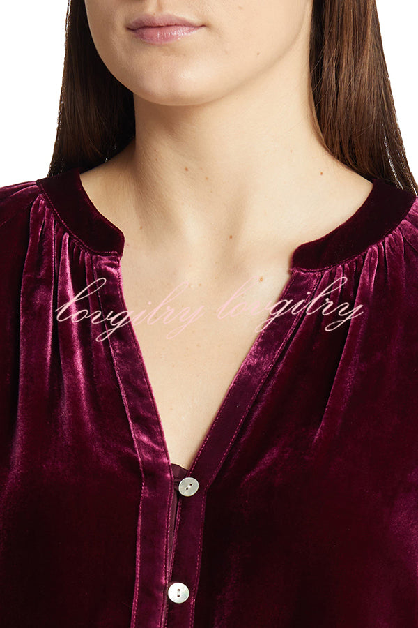 Solid Color Velvet V-neck Long-sleeved Shirt