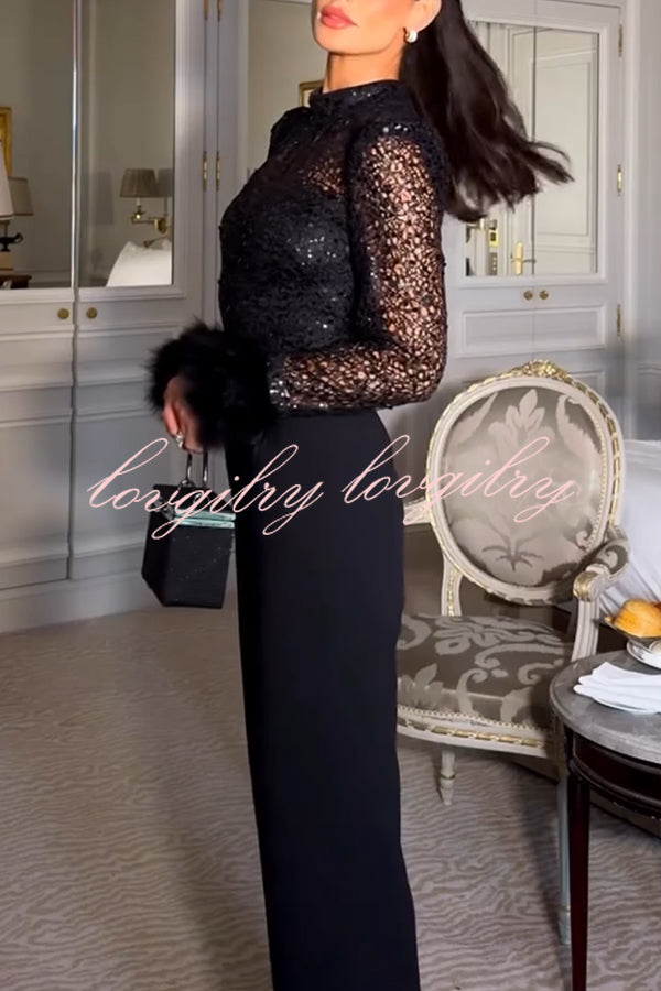 Aerie Sequin Embellished Mock Neck Long Sleeve Feather Cuff Flare Jumpsuit