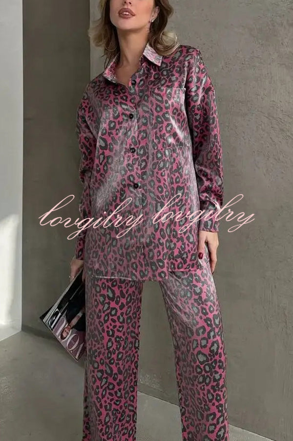 Leopard Print Long-sleeved Casual Top and Loose Elastic Waist Tie Pants Set