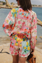 Leisurely Outings Summer Fruit Print Loose Long Sleeve Shirt and Elastic Waist Pocket Shorts Set