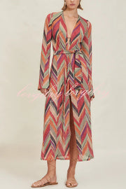 Gypsy Girl Triangle Pattern Tie-up Long Sleeve Midi Cover-up Robe