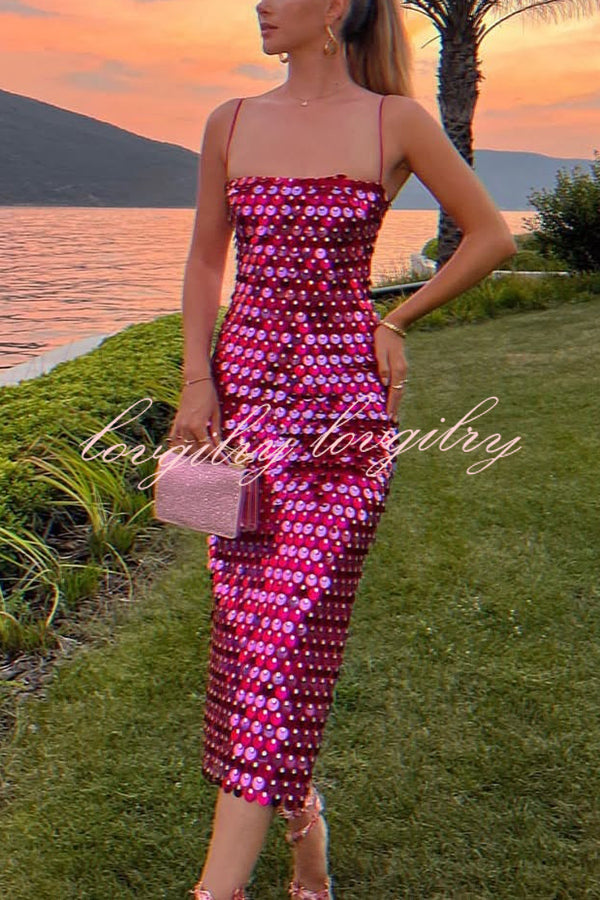 Sexy Sequined Halter-neck Backless Slim Fit Slit Midi Dress