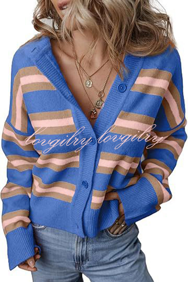 Colorblock Striped Knitted Long-sleeve Cardigan