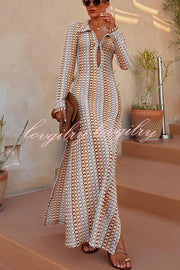 Bondi Beach Knit Colorful Wave Print Long Sleeve Vacation Maxi Dress