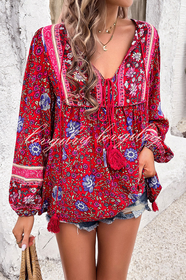 Intricate Floral Print V Neck Lace Up Paneled Long Sleeve Shirt