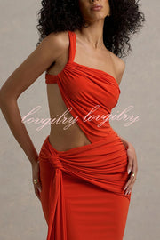 Sexy One-shoulder Backless Ribbon Pleated Slim Maxi Dress