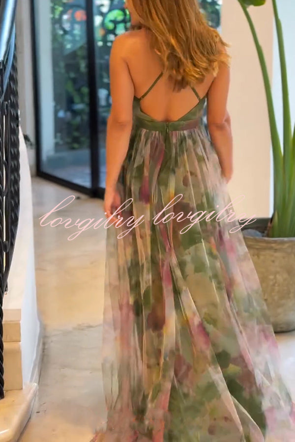 Kerrie Tulle Render Floral Print Cross Back Straps Maxi Dress