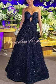 Sparkling Sky Sequin Satin Bow Detail Off Shoulder Prom Maxi Dress