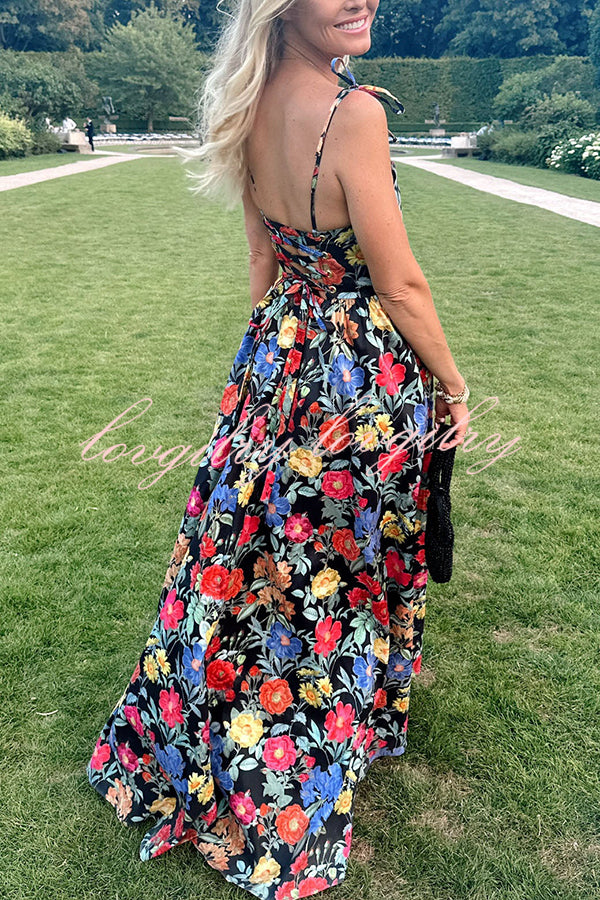 Garden Wedding Floral Print Back Tie-up Pocketed Slit Maxi Dress