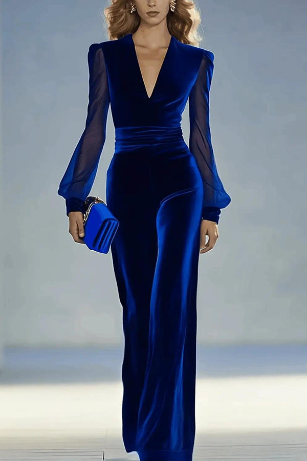 Solid Color Velvet V-neck Long-sleeved Elegant Fitted Jumpsuit