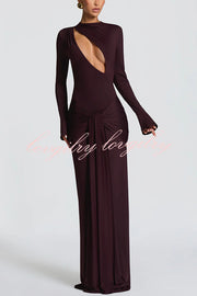 Sexy Cutout Fitted Long-sleeved Pleated Satin Ribbon Maxi Dresses