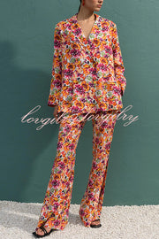 Full of Energy Flower Print Lapel Blazer and Elastic Waist Pocket Pleated Side Hem Pants Set