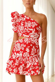 Floral Print One-shoulder Ruffled Waist Cutout Mini Dress