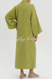Linen Blend Solid Color Casual Lapel Tie Loose Maxi Dress