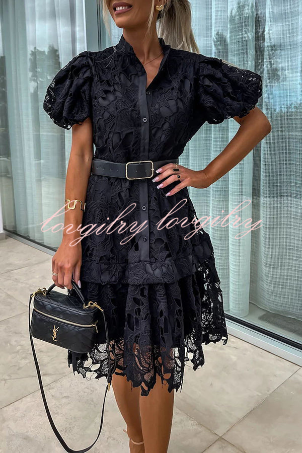 Absolutely Elegant Floral Crochet Lace Puff Sleeve Belted Shirt Midi Dress