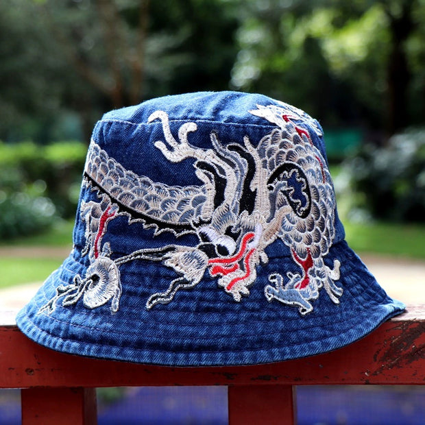 Fashionable Ethnic Style Embroidered Denim Bucket Hat