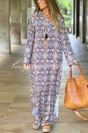 Unique Printed Long Sleeve V-neck Loose Maxi Dress