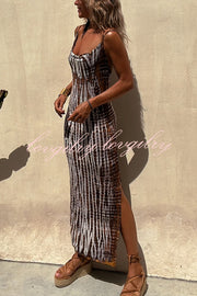 An Inspiration Tie-dye Print Double Shoulder Strap Stretch Maxi Dress