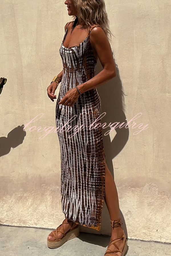 An Inspiration Tie-dye Print Double Shoulder Strap Stretch Maxi Dress