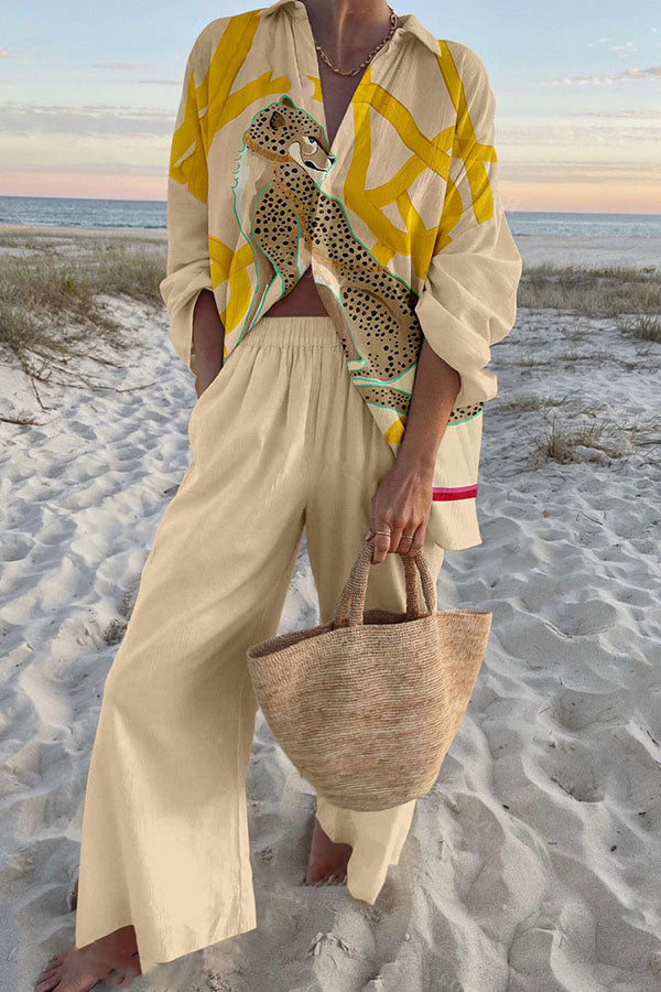 Leopard Print Oversized Shirt and Elastic Waist Pocket Pants Set