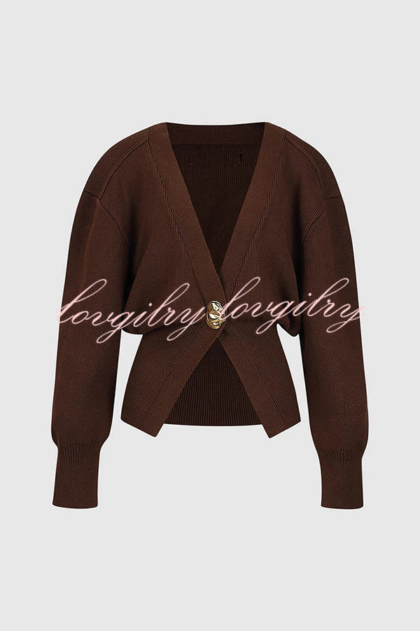 Only Yours Knit Metal Leaf Shape Button Lantern Sleeve Relaxed Cardigan