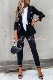 Time To Charm Lapel Button Pocket Long Sleeve Blazer Elastic Waist Pants Suit