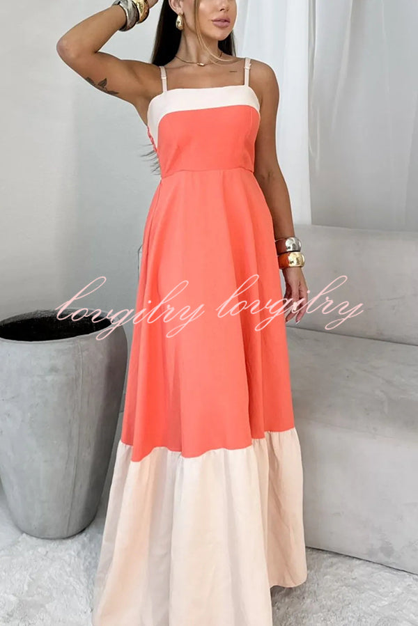 Fashionable Contrast Color Stitching Sling Maxi Dress