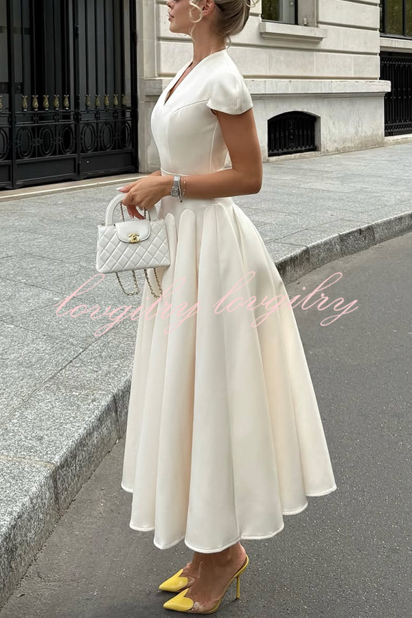 Solid Color V-neck Waist Elegant Full Hem Maxi Dress