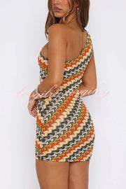 Playful Colorful Knitted Slim-fitting Offset Neck Stretch Mini Dress