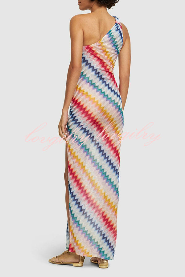 Vacay Charm Knit Colorful Zigzag Pattern One Shoulder Slit Maxi Dress