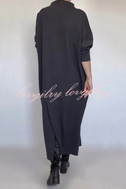 Solid Color Loose Long Sleeve Large Pocket Casual Maxi Dress