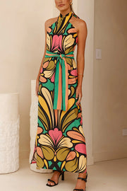 Unique Print Halter Neck Tie Backless Holiday Maxi Dress