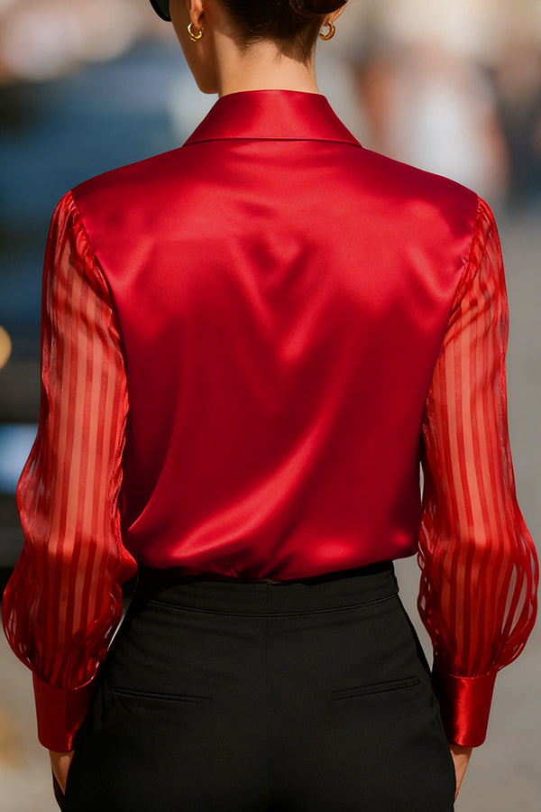 Solid Color Satin Loose-fitting See-through Long-sleeved Casual Shirt